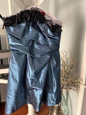 Love Blue Satin Mini Dress with Black Trim at chest strapless 12